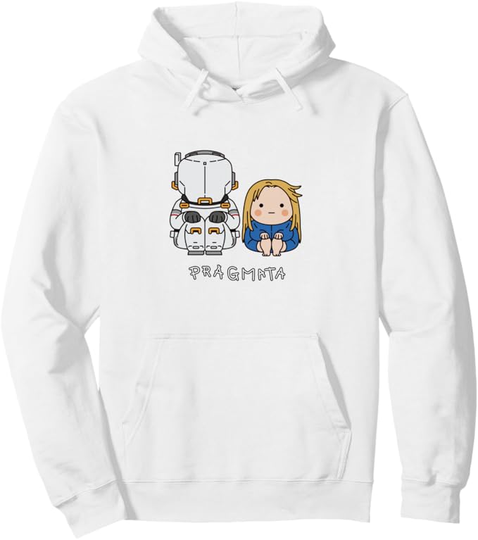 PRAGMATA Weißer Hoodie – Hugh & Diana sitzend
