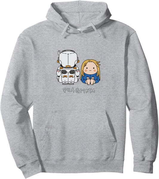 PRAGMATA Grau Hoodie - Hugh & Diana sitzend