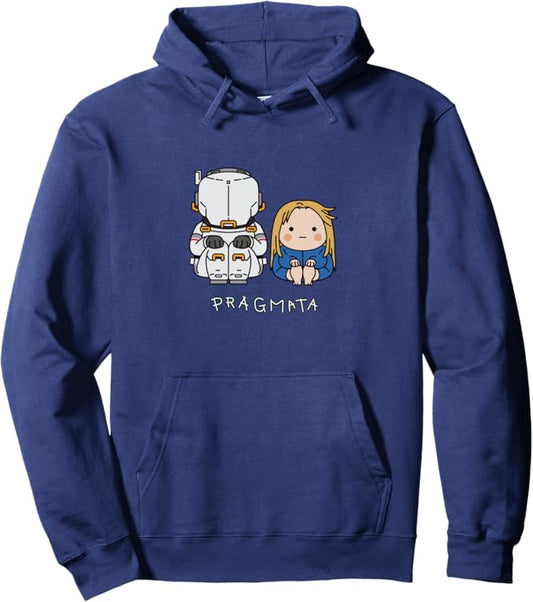 PRAGMATA Marineblaue Kapuzenpullover – Hugh & Diana sitzend