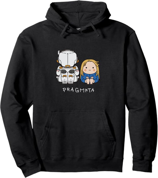 PRAGMATA Schwarzer Hoodie - Hugh & Diana sitzend